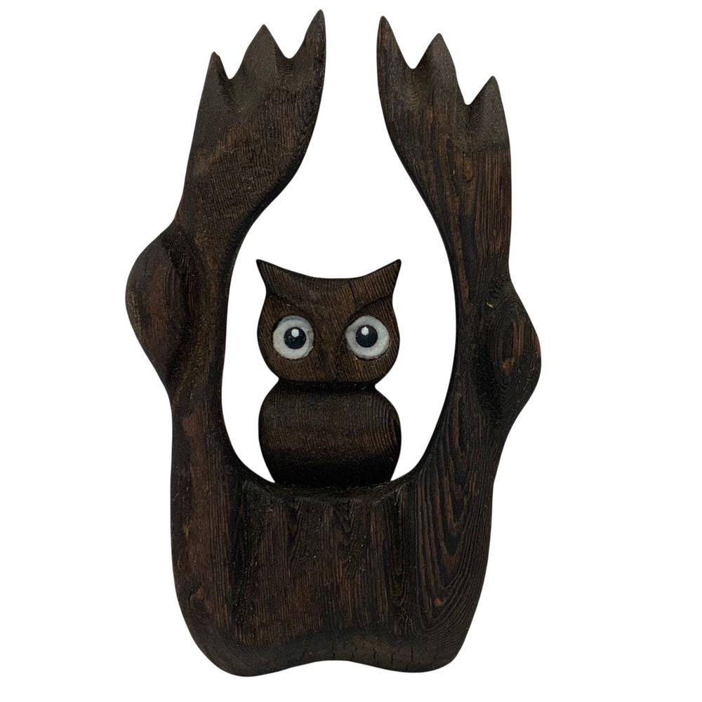 Vintage Hand Carved Owl Tree Trunk Plaque Wood‎ 10.5x6in